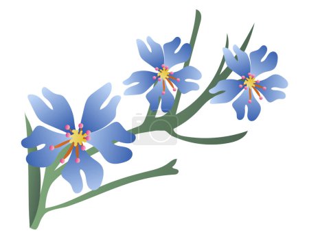 Ilustración de Flores azules en rama de diseño plano. Ramo de ramitas de flores de primavera. Ilustración vectorial aislada. - Imagen libre de derechos