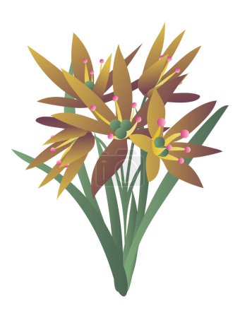 Illustration for Yellow lily flowers with grass leaves in flat design. Blooming blossoms. Vector illustration isolated. - Royalty Free Image