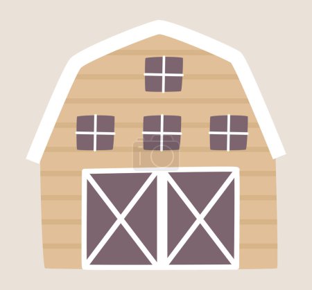 Téléchargez les illustrations : Wooden farming barn in flat design. Countryside farmhouse exterior with gates. Vector illustration isolated. - en licence libre de droit
