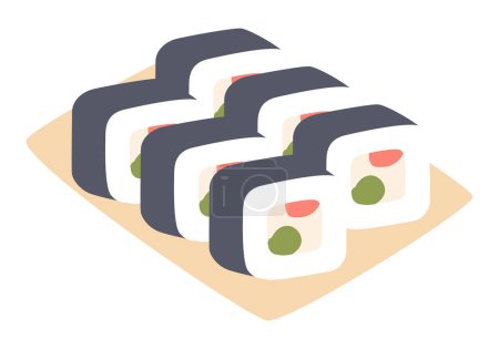 Téléchargez les illustrations : Rouleaux de sushi sur plaque au design plat. Menu asiatique traditionnel pour la livraison de nourriture. Illustration vectorielle isolée. - en licence libre de droit
