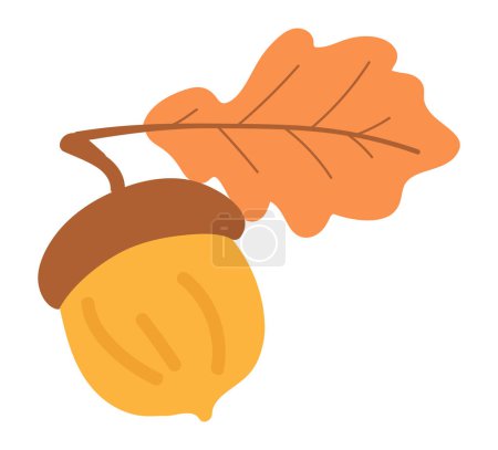 Illustration for Oak acorn with autumn leaf in flat design. Forest tree nut with brown cap. Vector illustration isolated. - Royalty Free Image