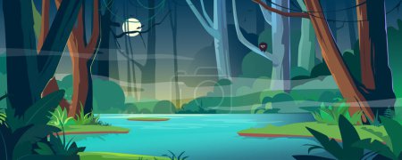 Ilustración de Selva tropical nocturna con bandera de fondo de río en diseño de dibujos animados. Selva tropical de vida silvestre con niebla, luna, lianas y aves en los árboles, exuberantes arbustos y helechos, estanque de agua azul. Dibujos animados vectoriales ilustración - Imagen libre de derechos