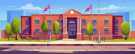 Illustration for University building background banner in cartoon design. Classic facade with columns and flags of government architecture building. Cityscape with courthouse or bank. Vector cartoon illustration - Royalty Free Image