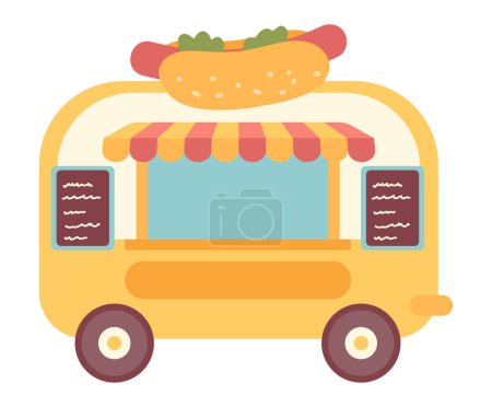 Ilustración de Cabina para perros calientes de diseño plano. Carro de comida callejera con ruedas. Ilustración vectorial aislada. - Imagen libre de derechos