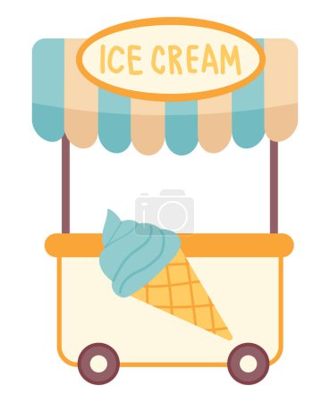 Illustration for Ice cream booth in flat design. Street cold dessert catering cart with wheels. Vector illustration isolated. - Royalty Free Image