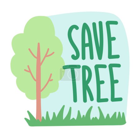 Illustration for Save tree quote in flat design. Ecology phrase with green foliage forest. Vector illustration isolated. - Royalty Free Image