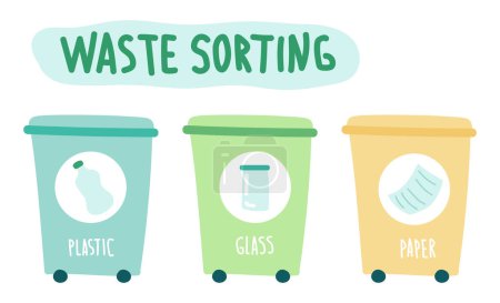Illustration for Waste sorting quote in flat design. Plastic, glass and paper recycling bins. Vector illustration isolated. - Royalty Free Image