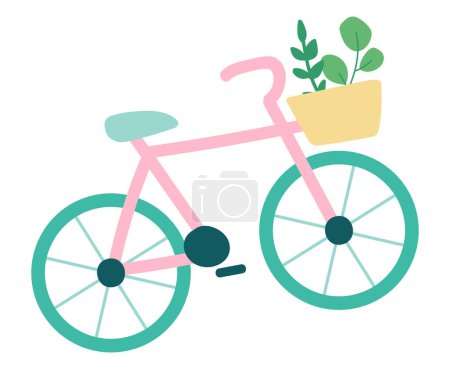 Téléchargez les illustrations : Bicyclette avec panier de plantes au design plat. Transport urbain respectueux de l'environnement. Illustration vectorielle isolée. - en licence libre de droit
