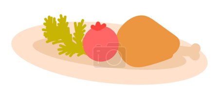 Téléchargez les illustrations : Plat de poulet barbecue au design plat. Assiette avec viande grillée, tomate, légumes verts. Illustration vectorielle isolée. - en licence libre de droit