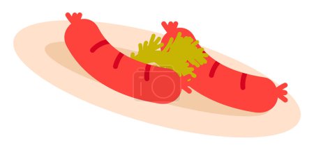 Téléchargez les illustrations : Plat de saucisses barbecue au design plat. Assiette avec viande grillée et légumes verts. Illustration vectorielle isolée. - en licence libre de droit