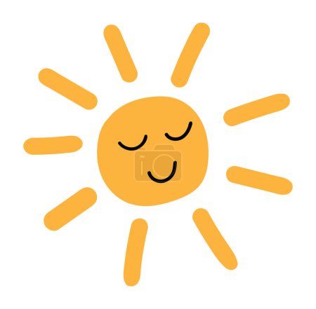 Téléchargez les illustrations : Mignon soleil souriant dans un design plat. Visage de caractère heureux avec des rayons de soleil. Illustration vectorielle isolée. - en licence libre de droit