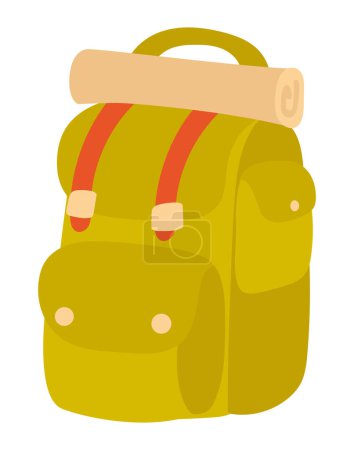 Illustration for Camping backpack with mat in flat design. Hiking tourist equipment. Vector illustration isolated. - Royalty Free Image