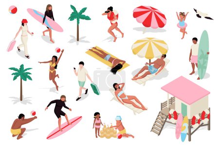 Illustration for Summer vacation 3d isometric mega set. Collection flat isometry elements of people go on tropical resort, surfing, sunbathing on beach, lifeguard works, kids playing in sea sand. Vector illustration. - Royalty Free Image