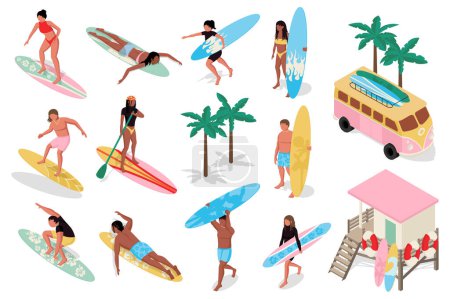 Summer surfing 3d isometric mega set. Collection flat isometry elements of people go on tropical ocean resort or car travel, swimming on surfboards, lifeguard building at beach. Vector illustration.