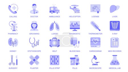 Medical healthcare web icons set in duotone flat design. Pack pictograms with doctor, ambulance, liver, pharmacy, nurse, lungs, diagnostic, thermometer, x-ray, help, pills, other. Vector illustration.