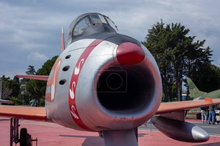 Photo for Istanbul, Yesilkoy - Turkey - 04.20.2023: North American F-86 Sabre Jet Plane, Transonic jet Fighter and Hunter. Close-up front view. - Royalty Free Image