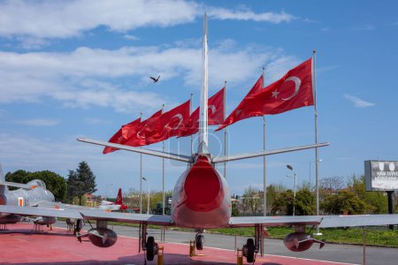 Photo for Istanbul, Yesilkoy - Turkey - 04.20.2023: North American F-86 Sabre Jet Plane, Transonic jet Fighter. Turkish Flags - Royalty Free Image
