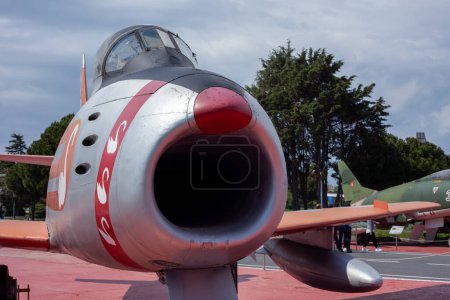 Photo for Istanbul, Yesilkoy - Turkey - 04.20.2023: North American F-86 Sabre Jet Plane, Transonic jet Fighter and Hunter. Close-up front view. - Royalty Free Image