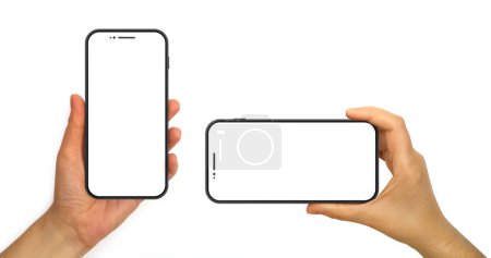 Photo for Hands holding mobile phone mockup. Blank smart phone screens isolated on white background. The file includes clipping paths for easy editing. - Royalty Free Image