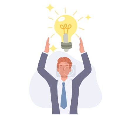 Businessman holding a large light bulbs in his hands. A big idea concept. Flat vector cartoon character illustration. Poster 625411930