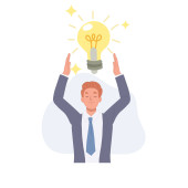 Businessman holding a large light bulbs in his hands. A big idea concept. Flat vector cartoon character illustration. Poster #625411930