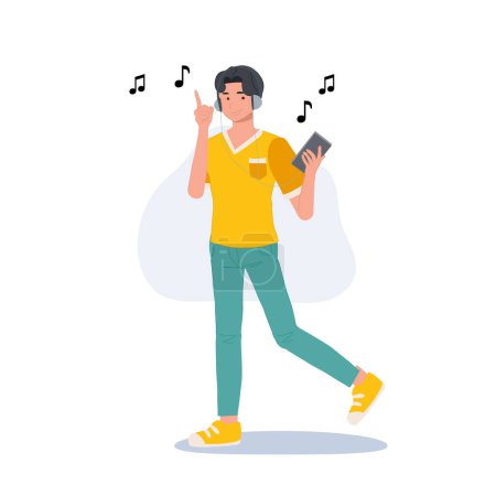 Illustration for Full length man Wearing Headphones And Listening Music On Mobile Phone. flat Vector cartoon character illustration - Royalty Free Image
