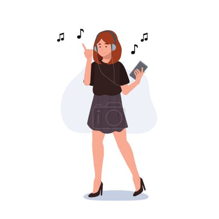 Full length Woman Wearing Headphones And Listening Music On Mobile Phone. flat Vector cartoon character illustration 