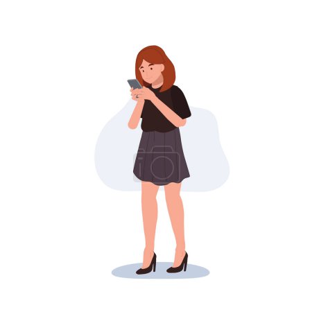 woman communicating with her mobile phone. texting by phone. Flat vector cartoon character illustration.