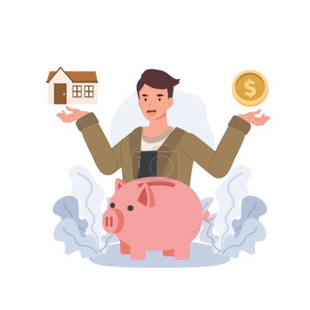 Hombre invertir finanzas en concepto de hogar. Ahorro de dinero para comprar una casa. Dibujos animados vector plano carácter ilustración