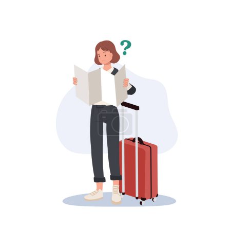 Illustration for Travel, tourism concept. Confused woman traveler hold paper map and getting confuse. female tourist check way on paper plan. Flat vector illustration - Royalty Free Image