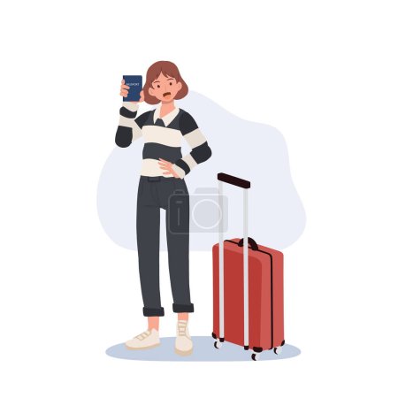 Ilustración de Travel concept, At the airport,immigration.  woman with luggage on airport is showing her passport. Flat vector illustration - Imagen libre de derechos