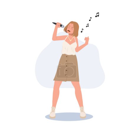 Ilustración de Woman Singer. woman with microphone is singing. Flat vector illustration. - Imagen libre de derechos