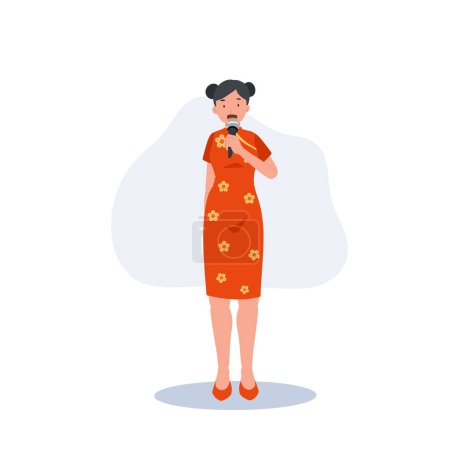 Illustration for Woman in chinese traditional costume is holding a microphone and speaking. Flat vector illustration - Royalty Free Image