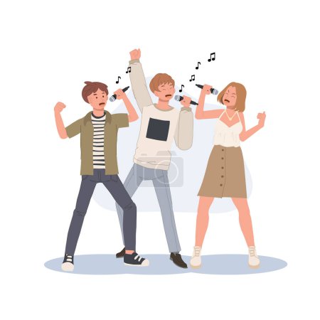 Téléchargez les illustrations : Group of people singing sing karaoke and enjoying time together having fun. Music lover, melody, song, hobby. - en licence libre de droit