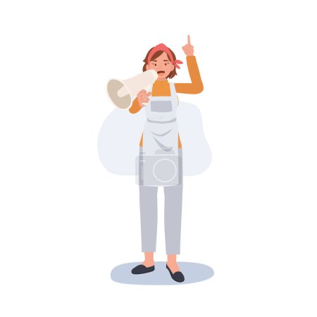 Illustration for Professional Cleaner. people Character of Lady working as housekeeper is holding megaphone, announcement. Flat vector illustration - Royalty Free Image