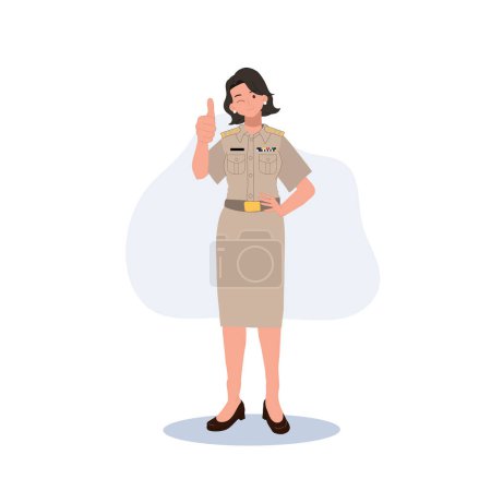 Téléchargez les illustrations : Femmes officiers du gouvernement thaïlandais en uniforme. Femme professeur de thaï abandonnant le pouce, bon travail, très bien. Illustration vectorielle - en licence libre de droit