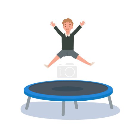 Téléchargez les illustrations : Heureux mignon enfant sourire sauter sur trampoline. Illustration de dessin animé vectoriel plat - en licence libre de droit