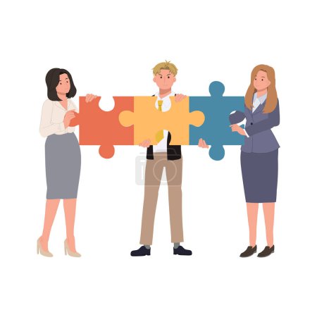 Illustration for Business concept. Team metaphor. people connecting puzzle elements. Flat Vector cartoon illustration. - Royalty Free Image