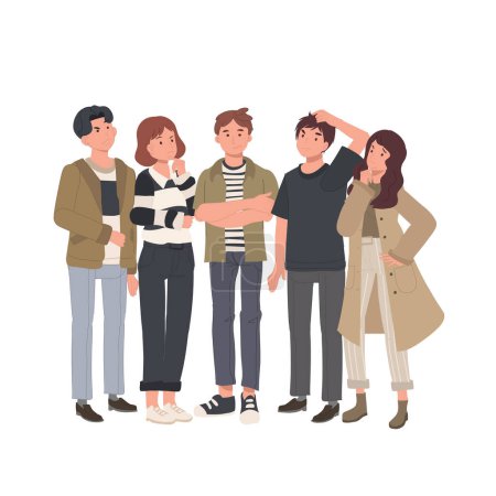 Illustration for Concept of people wondering or thinking. Male and female characters standing and thinking together. Flat cartoon vector illustration - Royalty Free Image