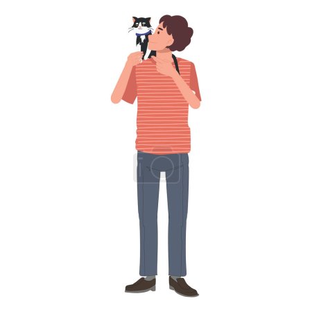 Cat lovers concept. a man holding, hugging, kissing his cat with love as a cat person. Flat vector cartoon illustration