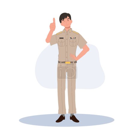 Téléchargez les illustrations : Officiers du gouvernement thaïlandais en uniforme. Professeur thaïlandais abandonnant le pouce, bon travail, très bien. Illustration vectorielle plate - en licence libre de droit