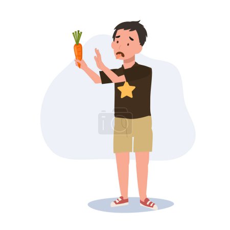 Téléchargez les illustrations : Mignon jeune garçon, enfant ne veulent pas manger de légumes, carotte. Les enfants détestent les légumes. Illustration de dessin animé vectoriel plat - en licence libre de droit