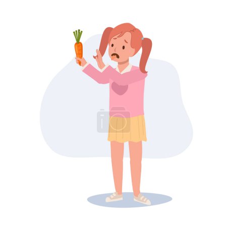 Téléchargez les illustrations : Mignonne jeune fille, enfant ne veulent pas manger de légumes, carotte. Les enfants détestent les légumes. Illustration de dessin animé vectoriel plat - en licence libre de droit