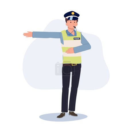 Illustration for A traffic police blowing whristle and give way to another way. Flat vector cartoon illustration - Royalty Free Image