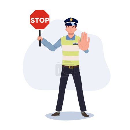 Illustration for A traffic police holding stop sign and gesturing hand  stop. Flat vector cartoon illustration - Royalty Free Image