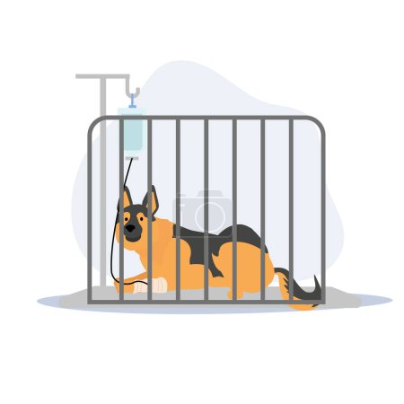 pet and veterinary concept. Sick dog has an Infusion therapy laying in cage. a dog giving a drip . Flat vector cartoon illustration