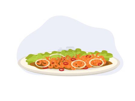 Téléchargez les illustrations : Salade aigre-douce épicée de crevettes séchées. La nourriture thaïlandaise mange avec du riz bouilli. illustration vectorielle de dessin animé - en licence libre de droit
