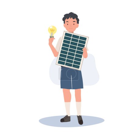 Ilustración de Joven estudiante tailandés Niño con panel de células solares y bombilla para mostrar energía limpia. ilustración de dibujos animados vector plano - Imagen libre de derechos
