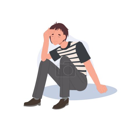 Illustration for Sadness and Loneliness concept. Worried Man Sitting Alone with Sadness, Anxiety, and Troubled Thoughts. Flat vector cartoon illustration - Royalty Free Image