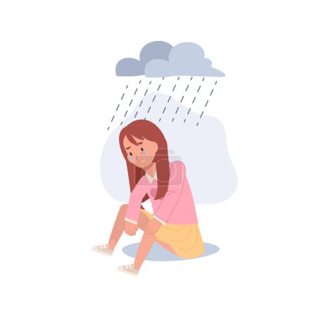 Illustration for Young Depression and Solitude concept.  Moody Portrait of a Depressed Young Child. Flat vector cartoon illustration - Royalty Free Image